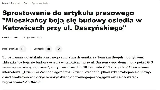 Sprostowanie do artykułu prasowego Dziennika Zachodniego